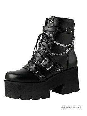 Goth Chunky Platform Ankle Boots with Chain, Lace-Up Motorcycle Bootie